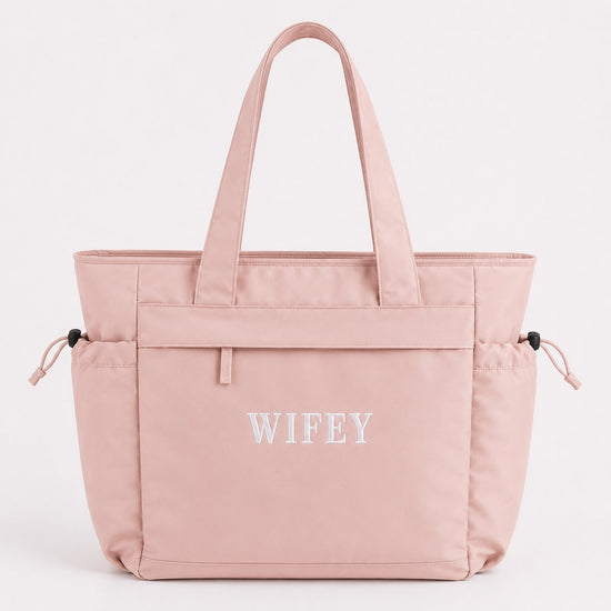 Blush pink Wifey embroidered oversized bridal tote bag