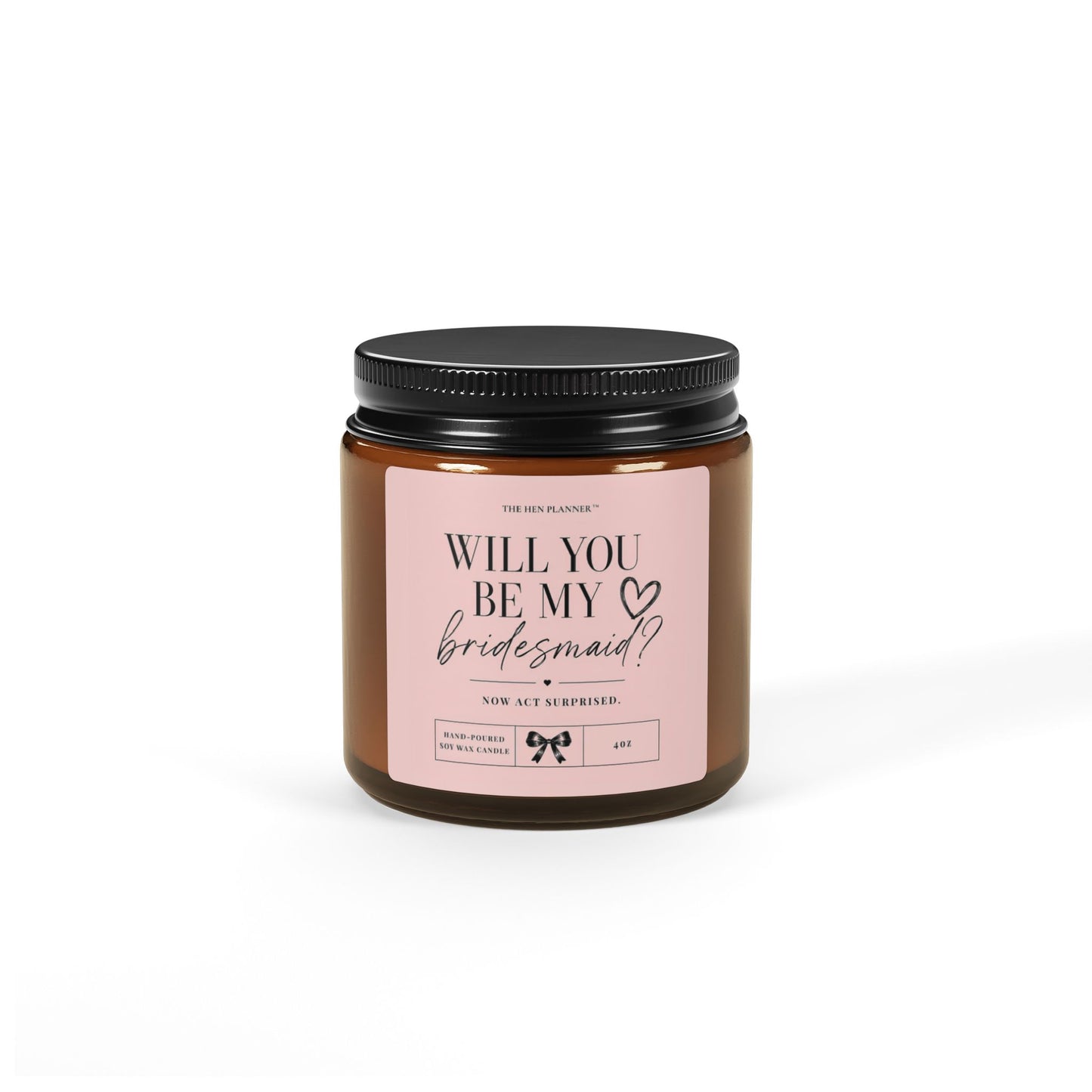 Jar with a pink label asking 'Will you be my bridesmaid?' on a white background