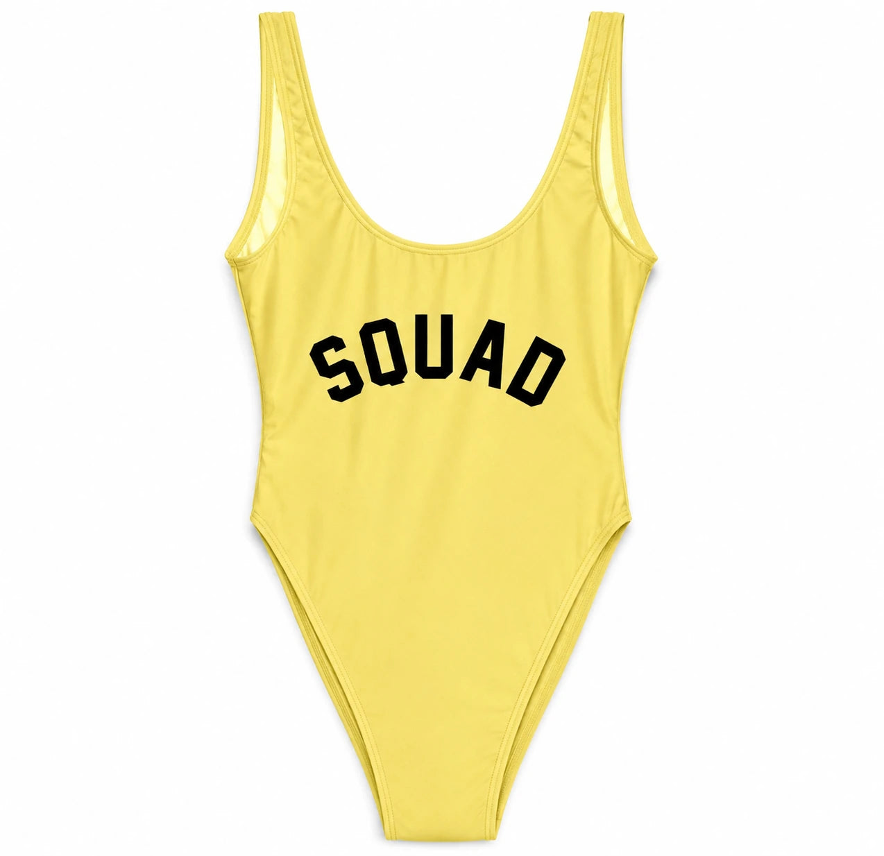 A yellow one-piece swimsuit with the word 'SQUAD' printed across the chest in black arched letters, shown against a plain white background.