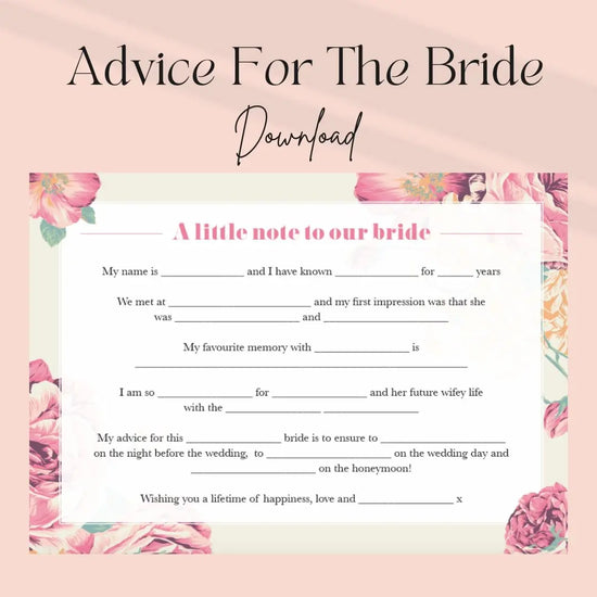 Printable floral Advice for the Bride cards in a soft pink design