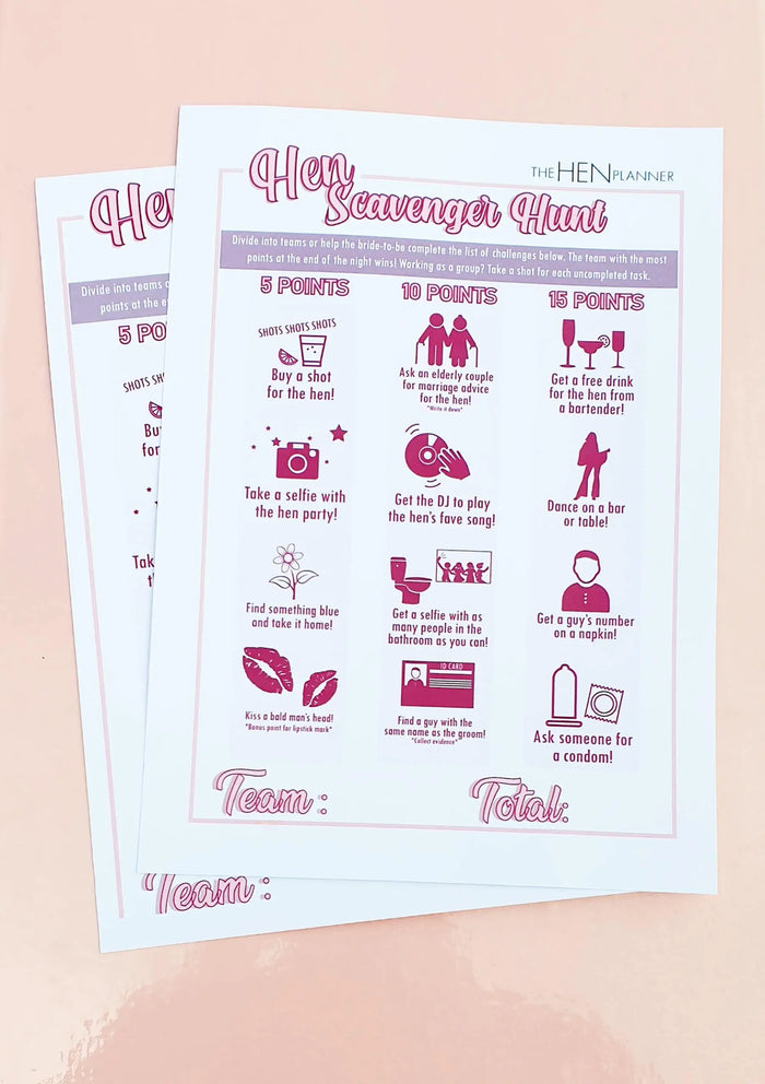 Hen Scavenger Hunt game sheet for bachelorette party with fun challenges and point system